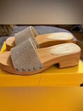 Jessica Simpson Silver Crystal Slide Clogs with Wood-Effect Platform